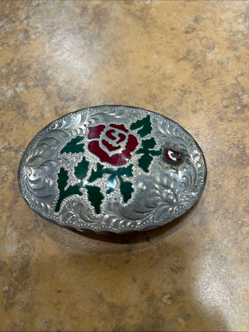 Silver-Tone Floral Enamel Belt Buckle - Red & Green Rose